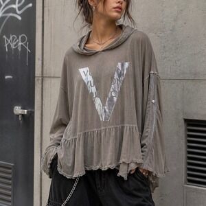 Boho Chic Silver Metallic V Graphic Hoodie OS‎ Peplum Roll Tab Made Italy Retro